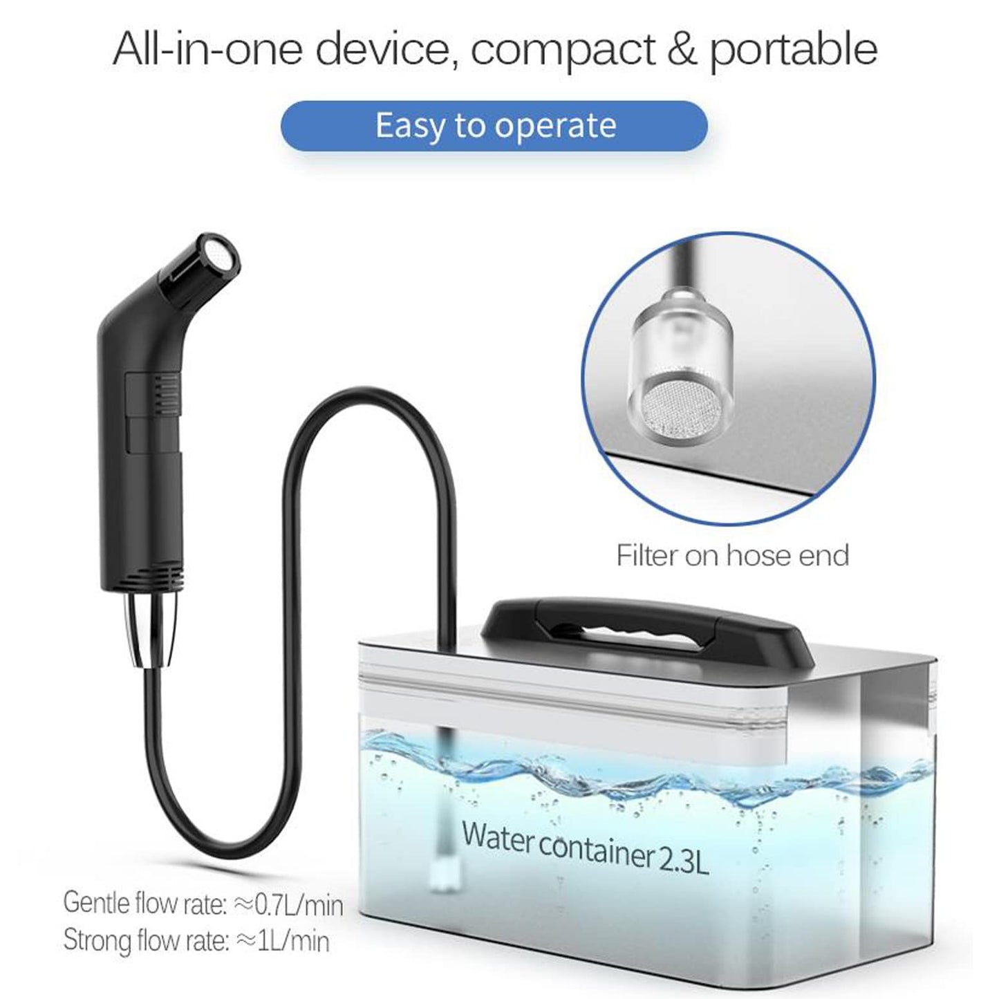 Portable Travel Bidet Electric Rechargeable Handheld Personal Bidet Sprayer for Hygiene Cleaning for Toilet with 2.3 liters Water container (Black)