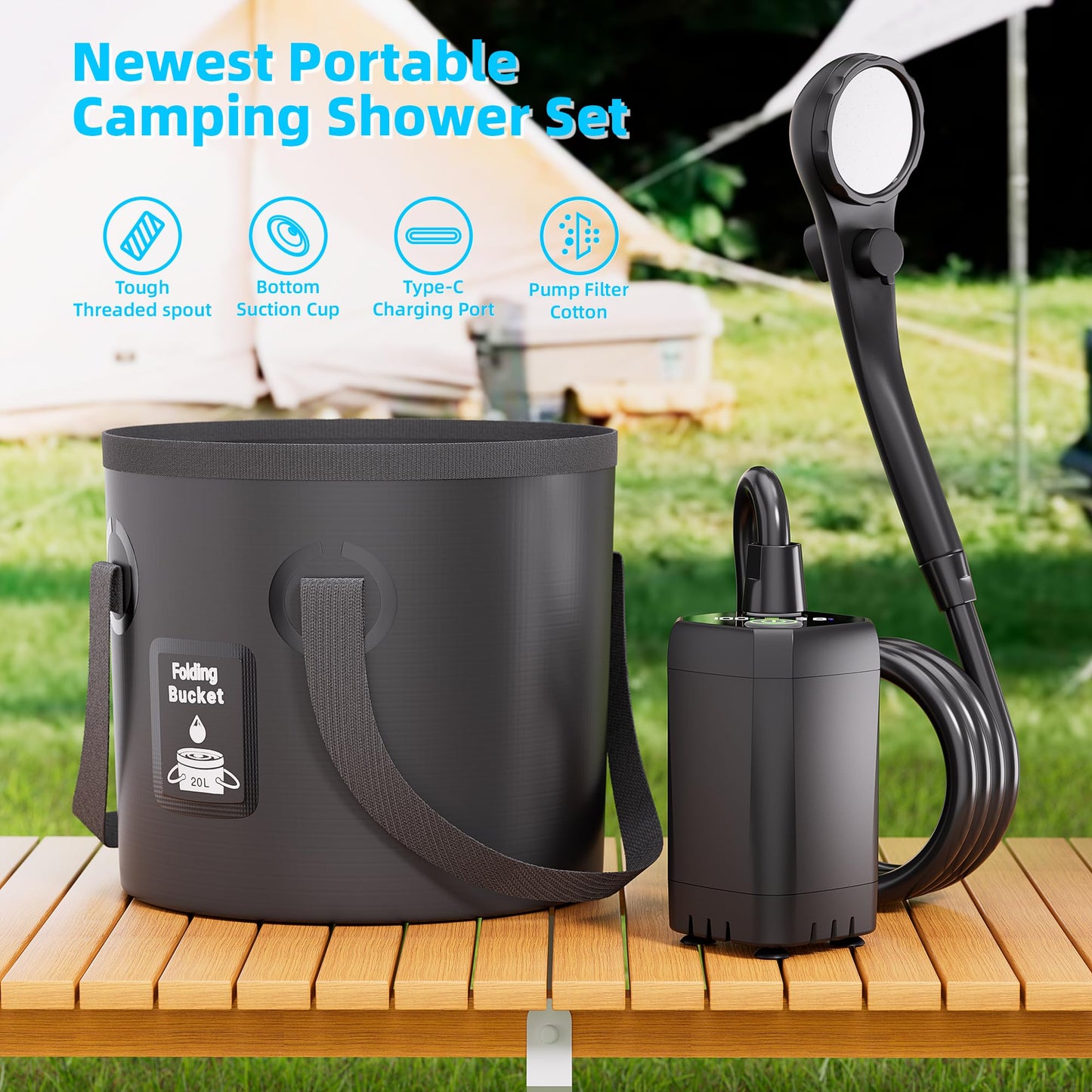 Portable Camping Shower, 6000mAh Rechargeable Shower Pump, LED Display Spray Gun & 20 L Foldable Bucket, Outdoor Shower for Outdoor Camping Hiking,Beach, Travel, Pet Bath, Car Washing, Surf & Boat Cleaning