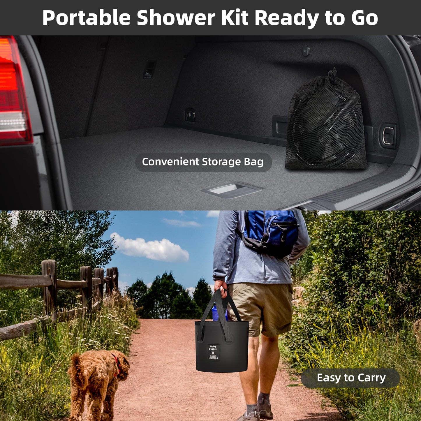 Portable Camping Shower, 6000mAh Rechargeable Shower Pump, LED Display Spray Gun & 20 L Foldable Bucket, Outdoor Shower for Outdoor Camping Hiking,Beach, Travel, Pet Bath, Car Washing, Surf & Boat Cleaning