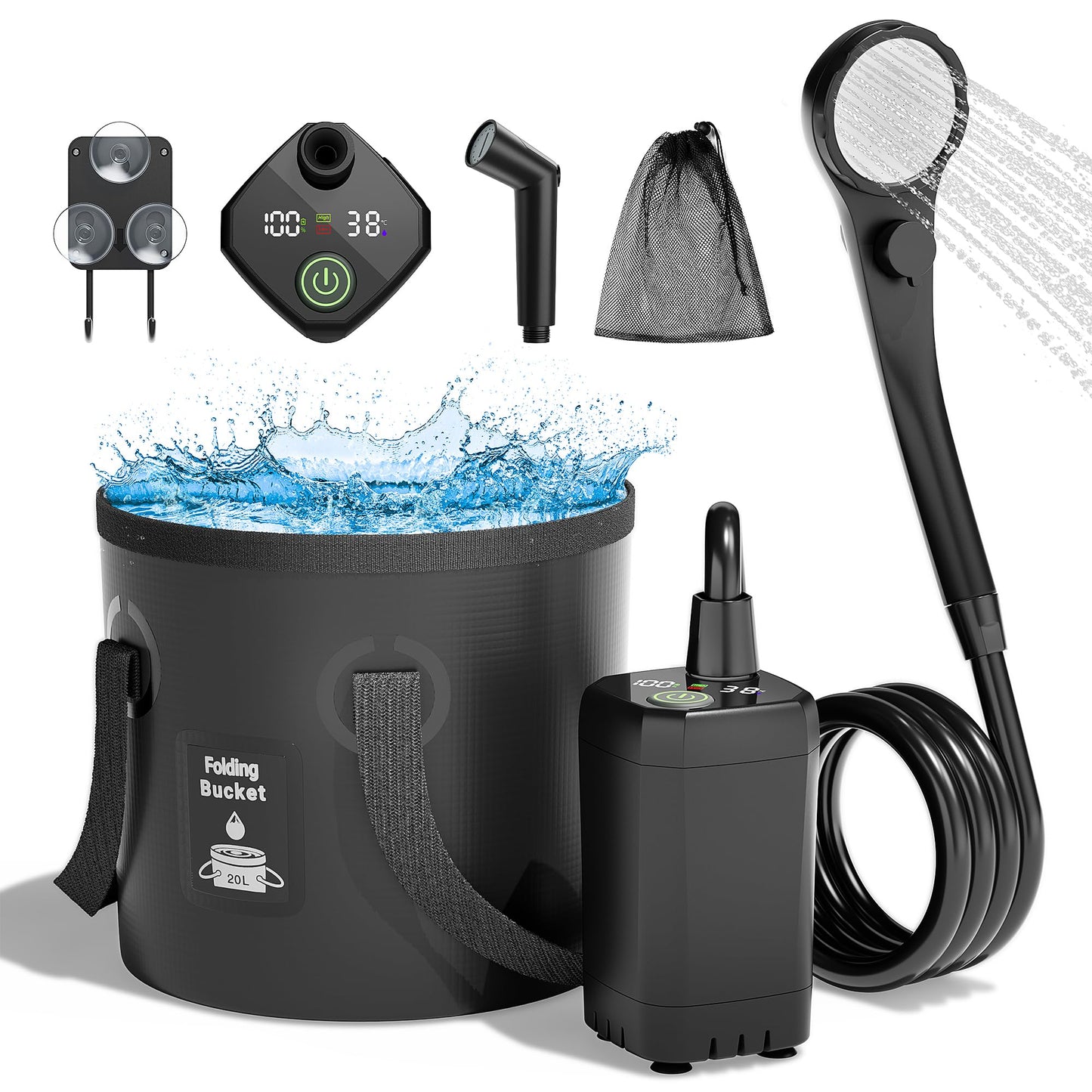 Portable Camping Shower, 6000mAh Rechargeable Shower Pump, LED Display Spray Gun & 20 L Foldable Bucket, Outdoor Shower for Outdoor Camping Hiking,Beach, Travel, Pet Bath, Car Washing, Surf & Boat Cleaning