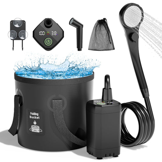 Portable Camping Shower, 6000mAh Rechargeable Shower Pump, LED Display Spray Gun & 20 L Foldable Bucket, Outdoor Shower for Outdoor Camping Hiking,Beach, Travel, Pet Bath, Car Washing, Surf & Boat Cleaning
