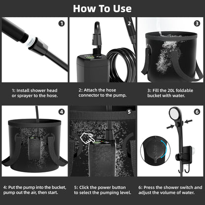 Portable Camping Shower, 6000mAh Rechargeable Shower Pump, LED Display Spray Gun & 20 L Foldable Bucket, Outdoor Shower for Outdoor Camping Hiking,Beach, Travel, Pet Bath, Car Washing, Surf & Boat Cleaning